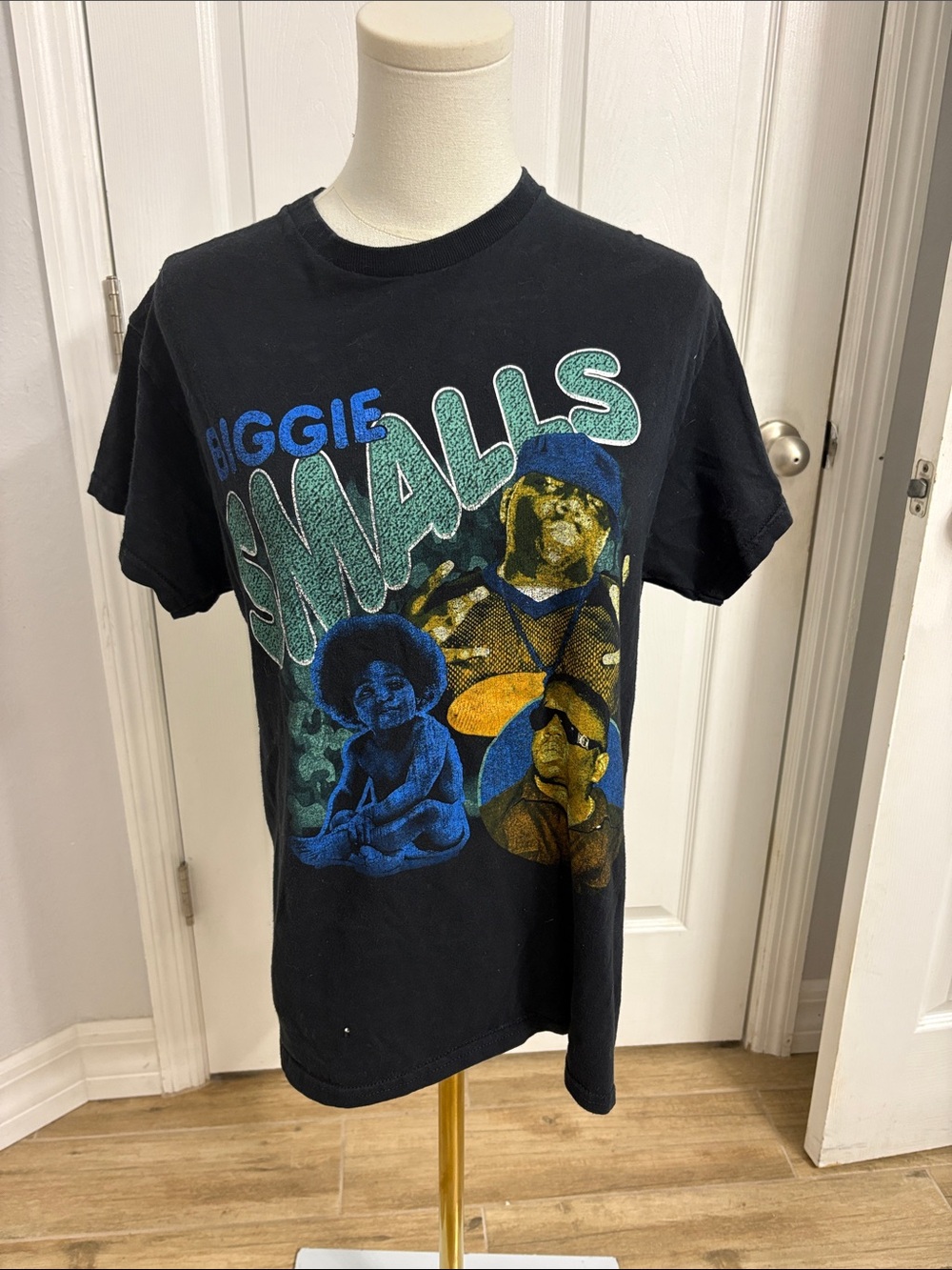 Biggie Smalls Black Graphic Band Tee with Blue and Green Print